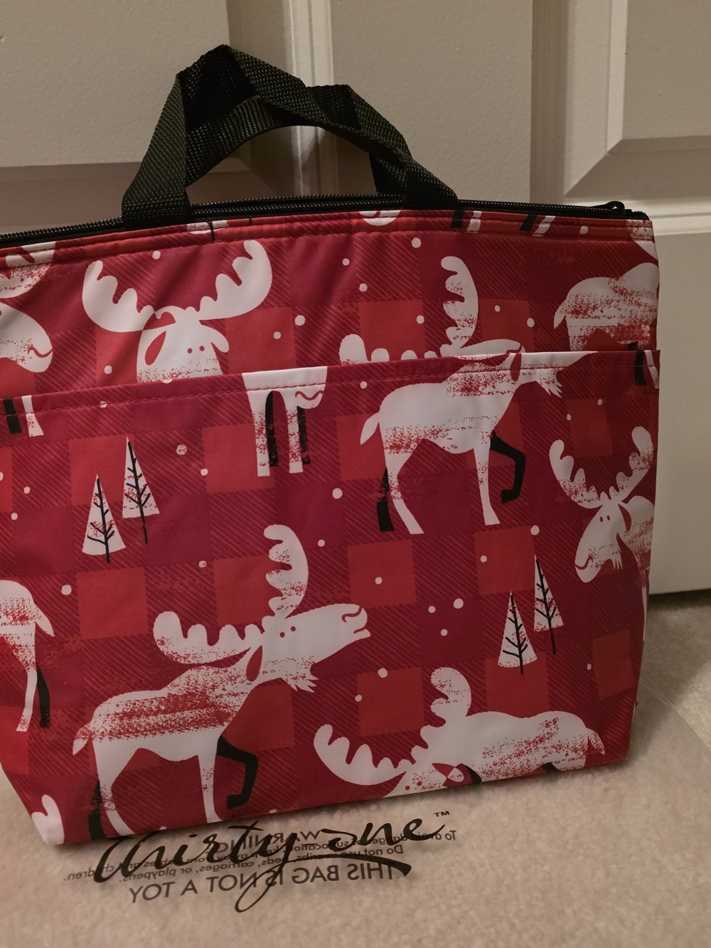 Thirty-One Red Moose Print Tote with Black Handles